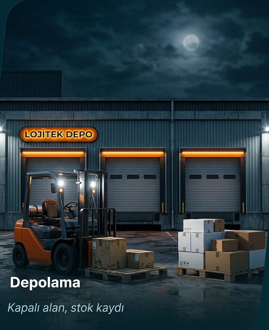 Lojitek deposunun rampa kapıları, forklift ve paletlenmiş koliler — kapalı alan ve stok kaydı
