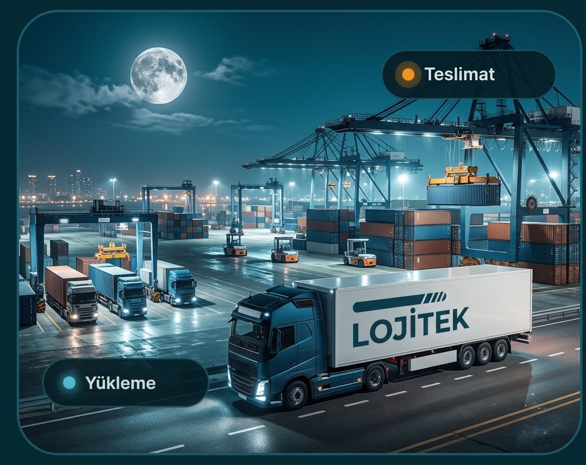 Gece limanında konteyner sahası ve yola çıkan Lojitek tırı