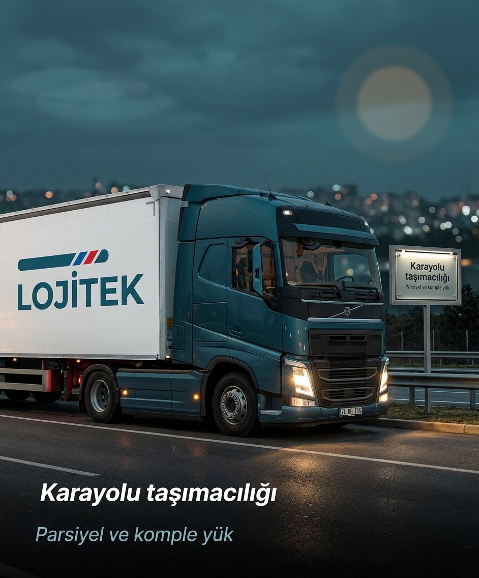 Gece otoyolunda ilerleyen Lojitek tırı — karayolu taşımacılığı, parsiyel ve komple yük